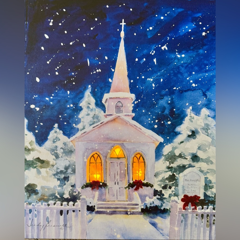 Holiday Church Canvas Wall Art - White and Blue